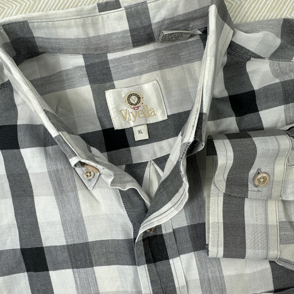 Vintage Viyella Shirt Mens‎ XL Gray Cotton Wool Blend Plaid Button Up Twill